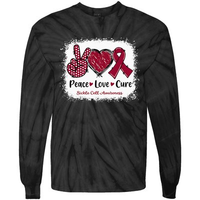 Peace Love Cure Sickle Cell Awareness Burgundy Ribbon Tie-Dye Long Sleeve Shirt