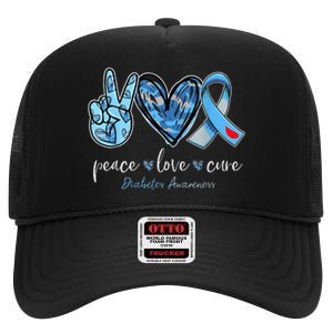 Peace Love Cure Grey Blue Ribbon Diabetes Awareness High Crown Mesh Back Trucker Hat