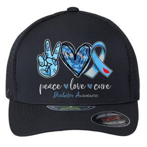 Peace Love Cure Grey Blue Ribbon Diabetes Awareness Flexfit Unipanel Trucker Cap