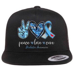 Peace Love Cure Grey Blue Ribbon Diabetes Awareness Flat Bill Trucker Hat