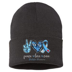 Peace Love Cure Grey Blue Ribbon Diabetes Awareness Sustainable Knit Beanie