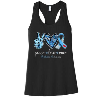 Peace Love Cure Grey Blue Ribbon Diabetes Awareness Women's Racerback Tank