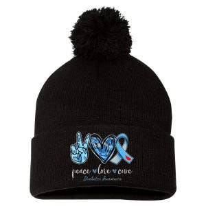 Peace Love Cure Grey Blue Ribbon Diabetes Awareness Pom Pom 12in Knit Beanie