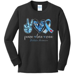 Peace Love Cure Grey Blue Ribbon Diabetes Awareness Kids Long Sleeve Shirt