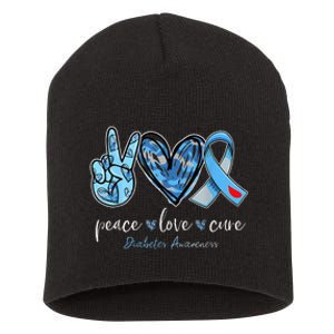 Peace Love Cure Grey Blue Ribbon Diabetes Awareness Short Acrylic Beanie