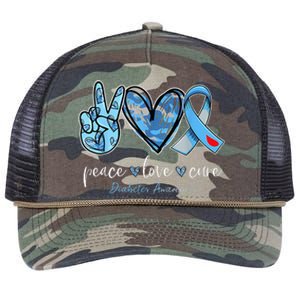 Peace Love Cure Grey Blue Ribbon Diabetes Awareness Retro Rope Trucker Hat Cap