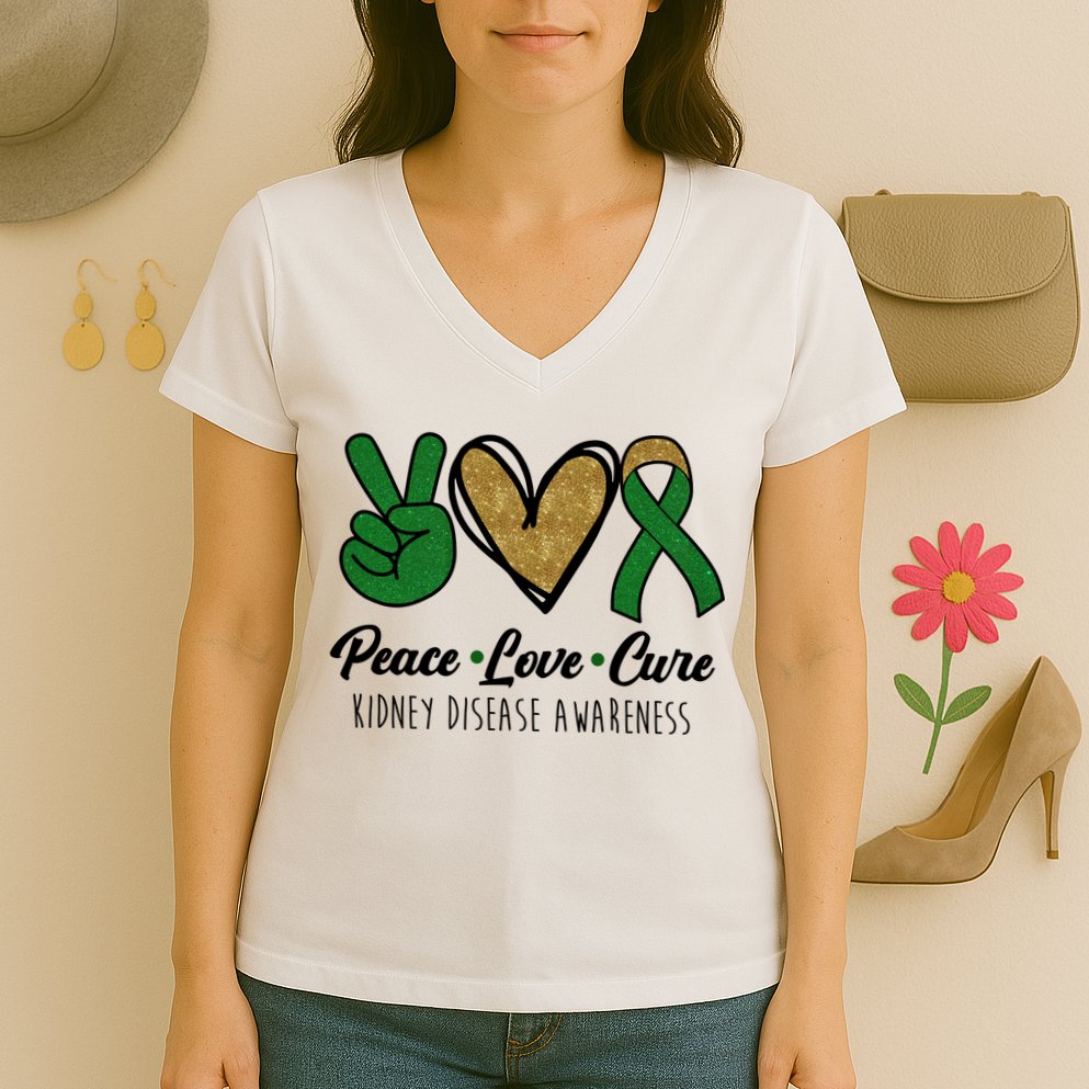 Peace Love Cure Kidney Disease Awareness Women's V-Neck T-Shirt