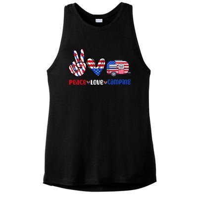 Peace Love Camp 4th of July Celebration Ladies PosiCharge Tri-Blend Wicking Tank