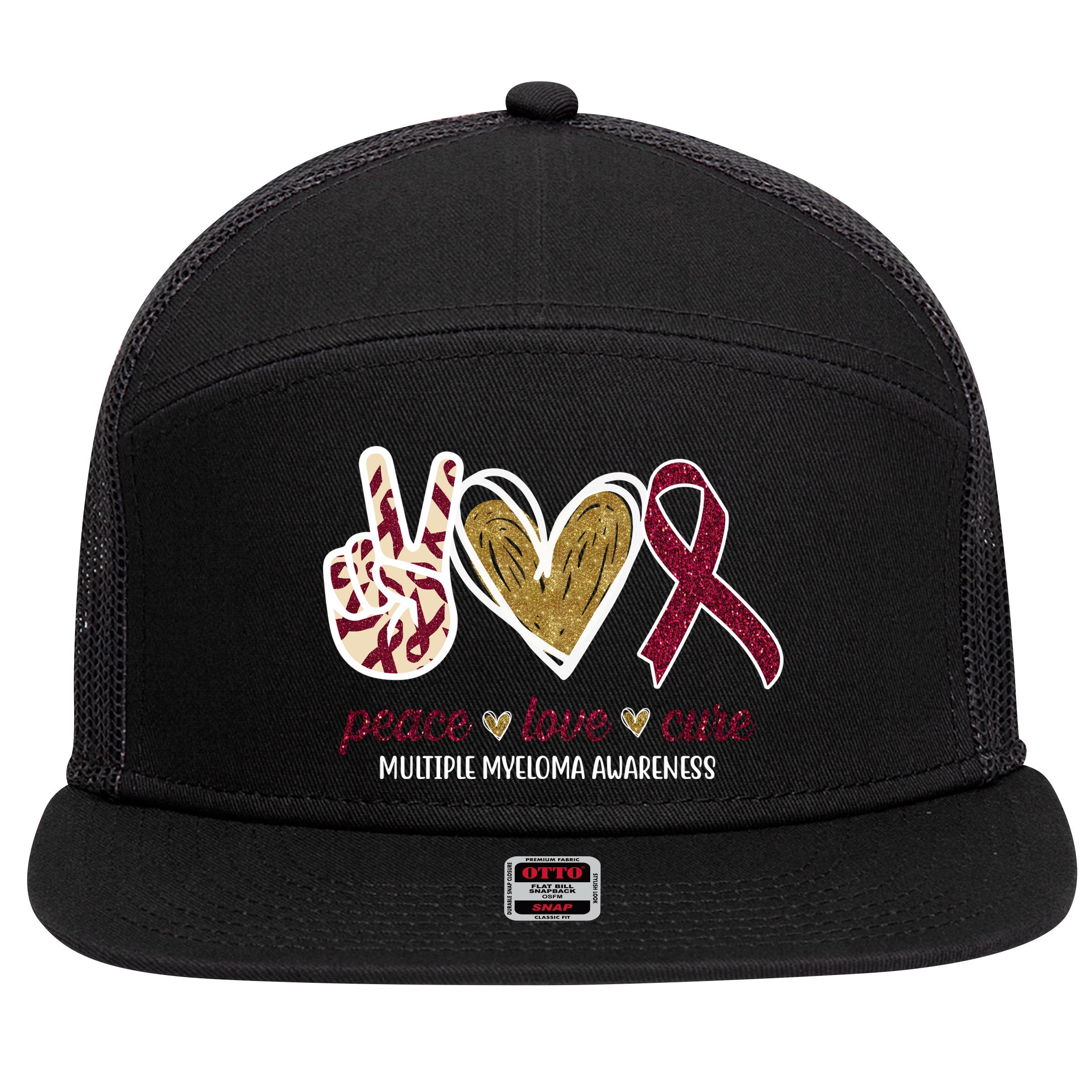 Peace Love Cure Multiple Myeloma Awareness 7 Panel Mesh Trucker Snapback Hat