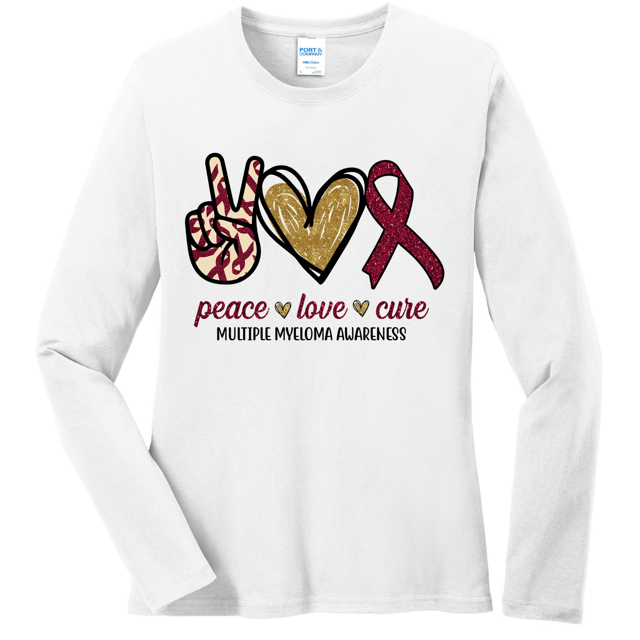 Peace Love Cure Multiple Myeloma Awareness Ladies Long Sleeve Shirt