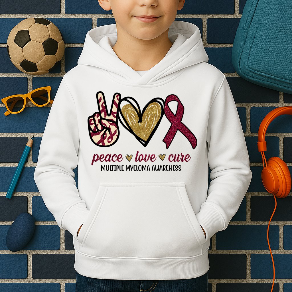 Peace Love Cure Multiple Myeloma Awareness Kids Hoodie