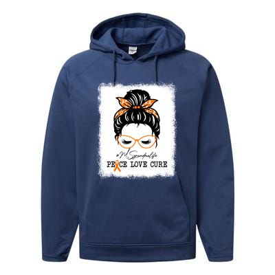 Peace Love Cure Grandma Messy Bun Multiple Sclerosis Funny Gift Performance Fleece Hoodie