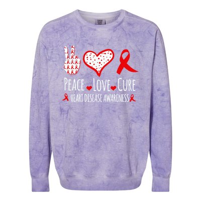 Peace Love Cure Heart Disease Awareness Red Heart Ribbon Cool Gift Colorblast Crewneck Sweatshirt