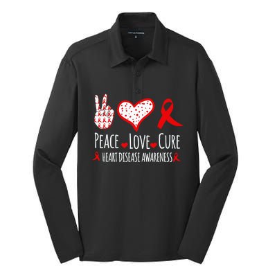 Peace Love Cure Heart Disease Awareness Red Heart Ribbon Cool Gift Silk Touch Performance Long Sleeve Polo