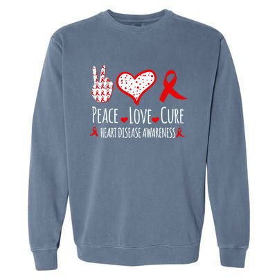 Peace Love Cure Heart Disease Awareness Red Heart Ribbon Cool Gift Garment-Dyed Sweatshirt