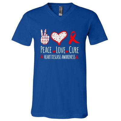 Peace Love Cure Heart Disease Awareness Red Heart Ribbon Cool Gift V-Neck T-Shirt