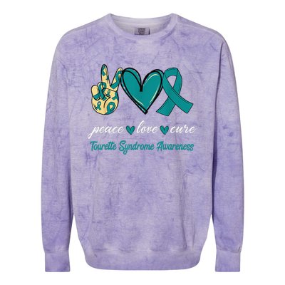 Peace Love Cure Tourette Syndrome Teal Ribbon Awareness Colorblast Crewneck Sweatshirt