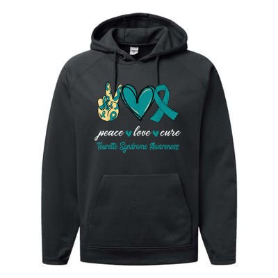 Peace Love Cure Tourette Syndrome Teal Ribbon Awareness Performance Fleece Hoodie