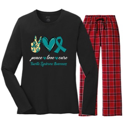 Peace Love Cure Tourette Syndrome Teal Ribbon Awareness Women's Long Sleeve Flannel Pajama Set 