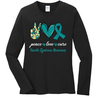 Peace Love Cure Tourette Syndrome Teal Ribbon Awareness Ladies Long Sleeve Shirt