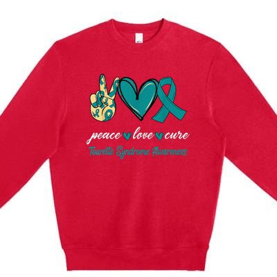 Peace Love Cure Tourette Syndrome Teal Ribbon Awareness Premium Crewneck Sweatshirt