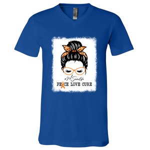 Peace Love Cure Mimi Messy Bun Multiple Sclerosis Meaningful Gift V-Neck T-Shirt