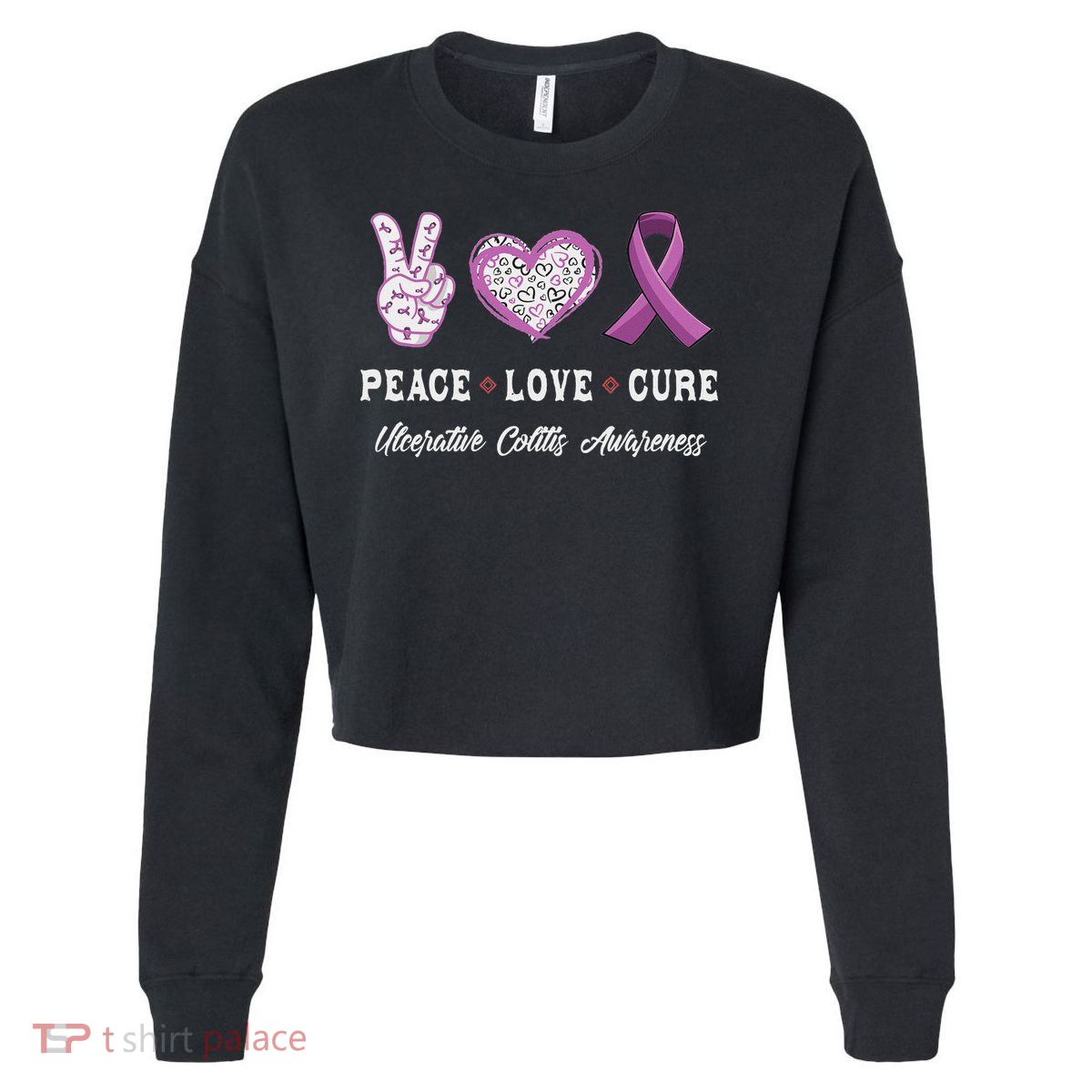 Peace Love Cure Ulcerative Colitis Awareness Men Women Cropped Pullover Crew
