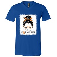 Peace Love Cure Nanny Messy Bun Multiple Sclerosis Gift V-Neck T-Shirt