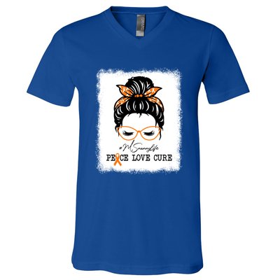 Peace Love Cure Nanny Messy Bun Multiple Sclerosis Gift V-Neck T-Shirt