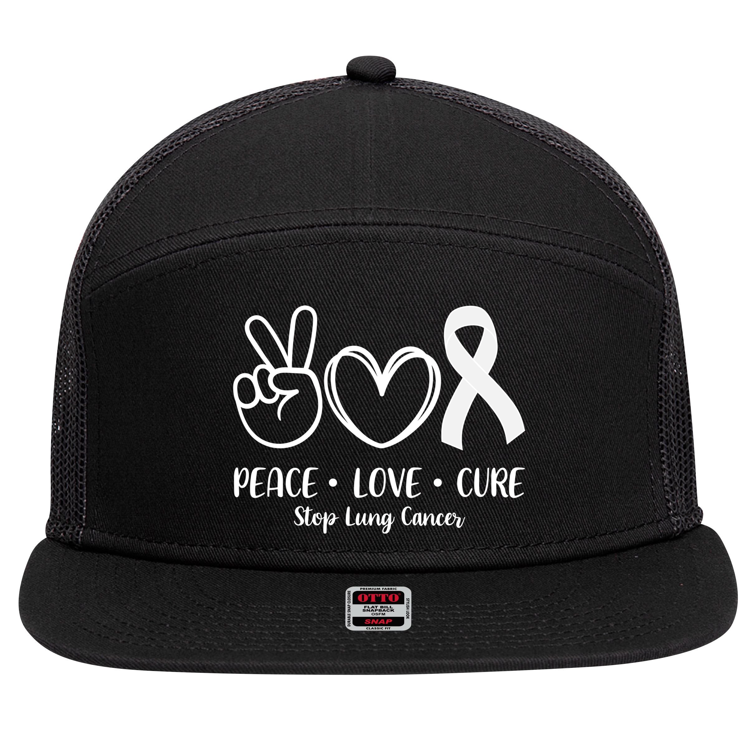 Peace Love Cure Long Cancer Awareness 7 Panel Mesh Trucker Snapback Hat