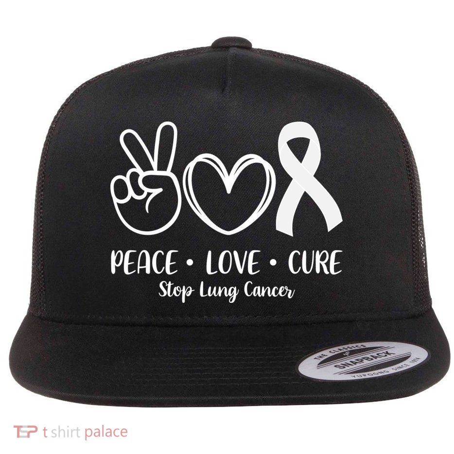 Peace Love Cure Long Cancer Awareness Flat Bill Trucker Hat
