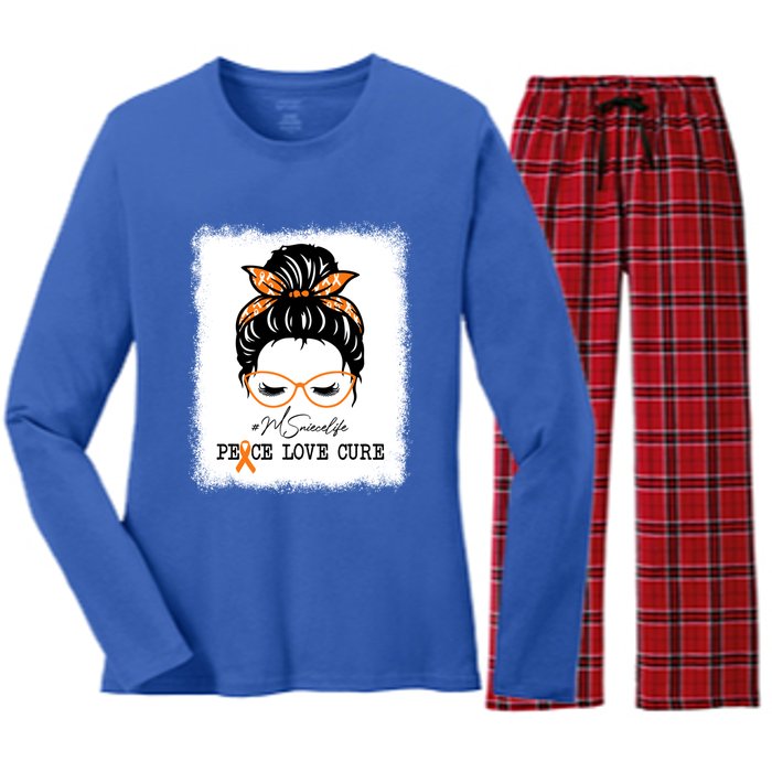 Peace Love Cure Niece Messy Bun Multiple Sclerosis Gift Women's Long Sleeve Flannel Pajama Set 