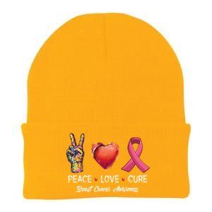 Peace Love Cure Breast Cancer Awareness Funny Gift Knit Cap Winter Beanie