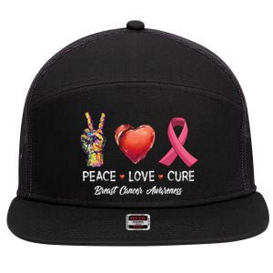 Peace Love Cure Breast Cancer Awareness Funny Gift 7 Panel Mesh Trucker Snapback Hat