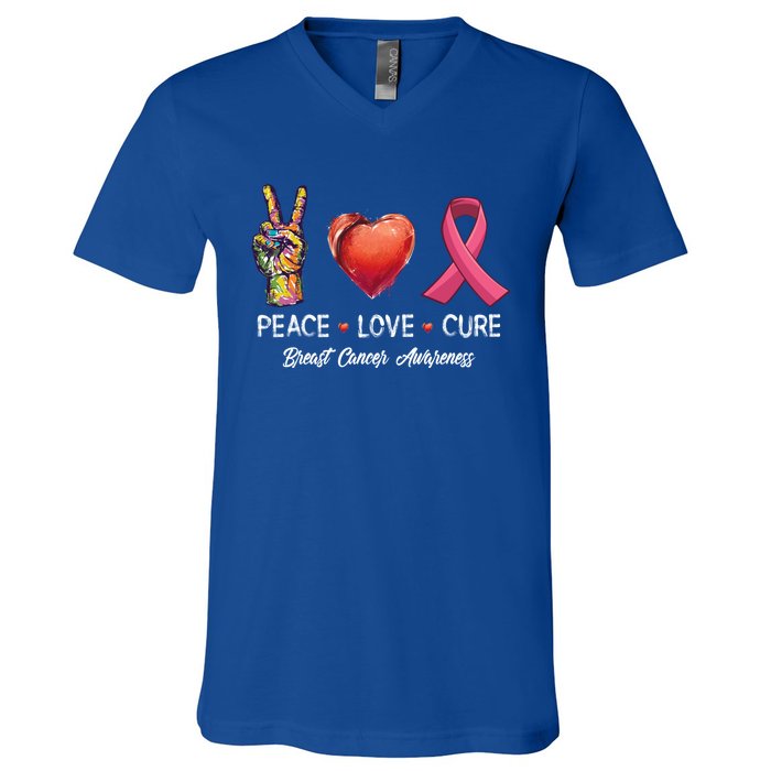 Peace Love Cure Breast Cancer Awareness Funny Gift V-Neck T-Shirt