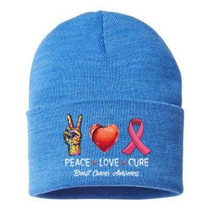 Peace Love Cure Breast Cancer Awareness Funny Gift Sustainable Knit Beanie