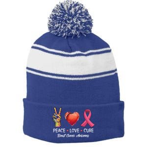 Peace Love Cure Breast Cancer Awareness Funny Gift Stripe Pom Pom Beanie