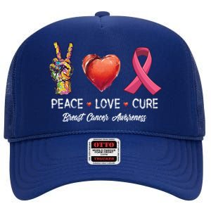 Peace Love Cure Breast Cancer Awareness Funny Gift High Crown Mesh Back Trucker Hat