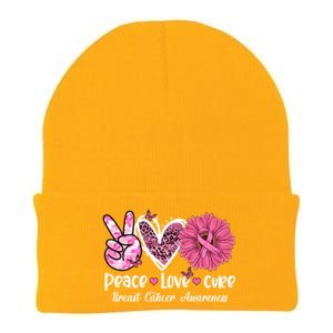 Peace Love Cure Daisy Pink Leopard Cancer Breast Butterfly Funny Gift Knit Cap Winter Beanie