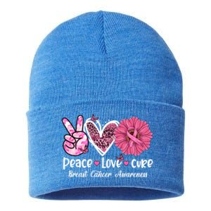 Peace Love Cure Daisy Pink Leopard Cancer Breast Butterfly Funny Gift Sustainable Knit Beanie