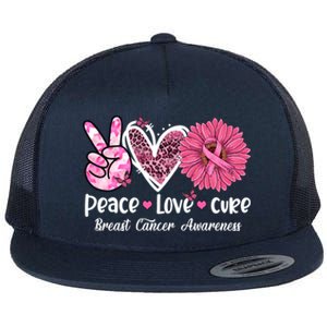 Peace Love Cure Daisy Pink Leopard Cancer Breast Butterfly Funny Gift Flat Bill Trucker Hat