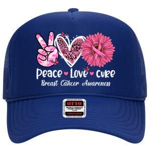 Peace Love Cure Daisy Pink Leopard Cancer Breast Butterfly Funny Gift High Crown Mesh Back Trucker Hat