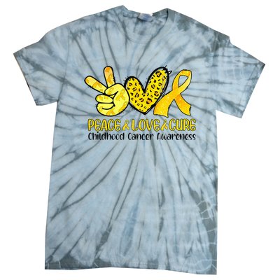 Peace Love Cure Golden Ribbon Childhood Cancer Awareness Tie-Dye T-Shirt