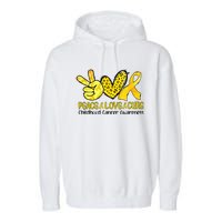 Peace Love Cure Golden Ribbon Childhood Cancer Awareness Garment-Dyed Fleece Hoodie