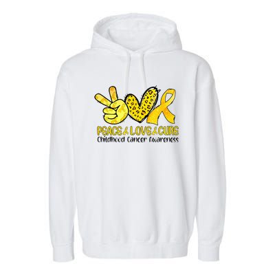 Peace Love Cure Golden Ribbon Childhood Cancer Awareness Garment-Dyed Fleece Hoodie