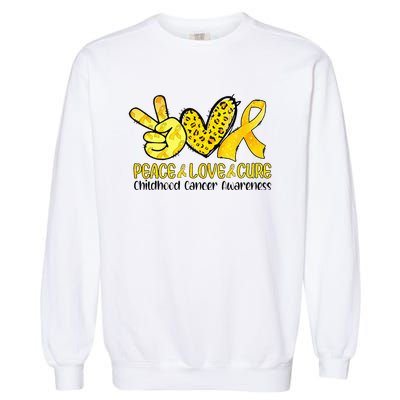 Peace Love Cure Golden Ribbon Childhood Cancer Awareness Garment-Dyed Sweatshirt