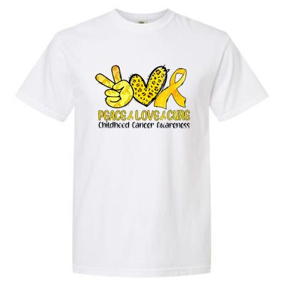 Peace Love Cure Golden Ribbon Childhood Cancer Awareness Garment-Dyed Heavyweight T-Shirt