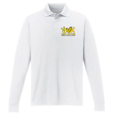 Peace Love Cure Golden Ribbon Childhood Cancer Awareness Performance Long Sleeve Polo