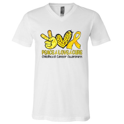 Peace Love Cure Golden Ribbon Childhood Cancer Awareness V-Neck T-Shirt