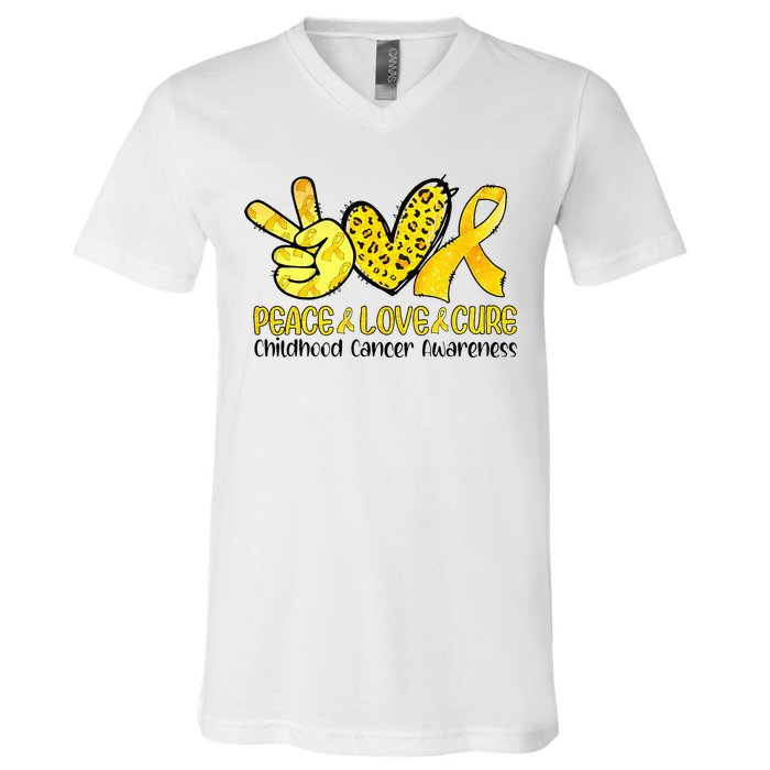 Peace Love Cure Golden Ribbon Childhood Cancer Awareness V-Neck T-Shirt